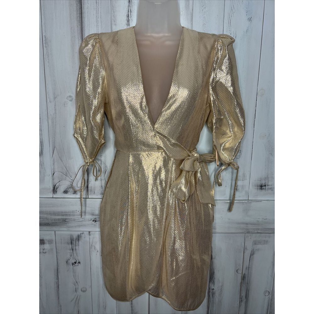 Alice McCall Golden Girl‎ Astral Faux Wrap Plunge Neck Puff Sleeve Mini Dress 0